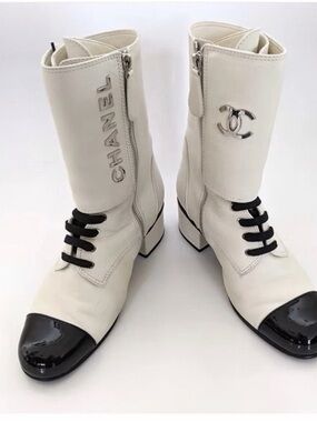 CHANEL Cream and Black Leather Lace-Up Mid-Calf Boots with CC Emblem